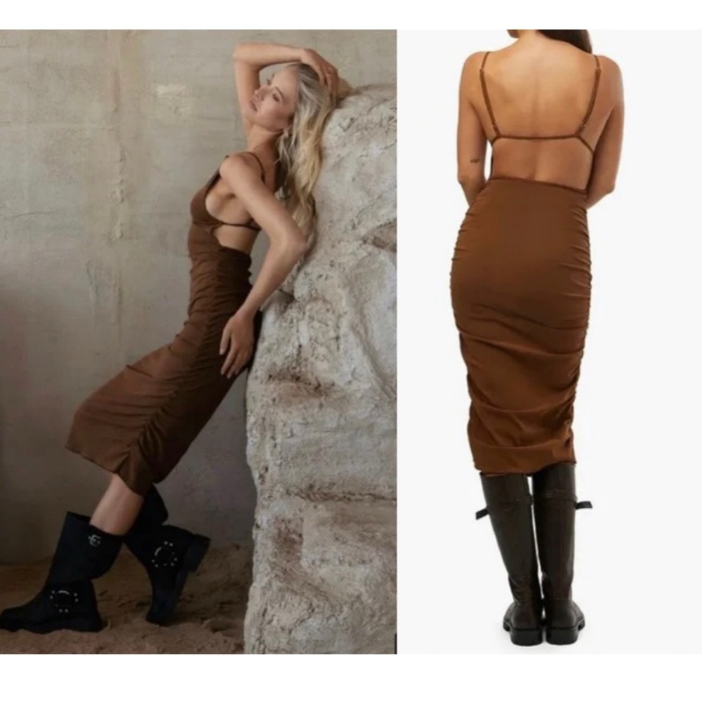 WeWoreWhat Ruched Midi Dress in Saddle Bodycon Strappy Back Event